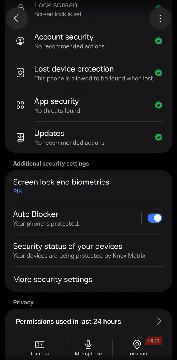 نمایش منوی تنظیمات امنیتی بیشتر در تنظیمات امنیت Samsung