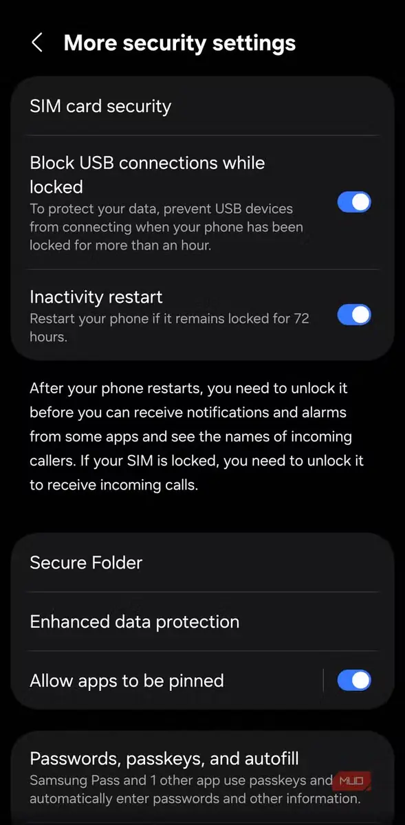 نمایش گزینه سنجاقکردن برنامه در تنظیمات امنیتی بیشتر Samsung
