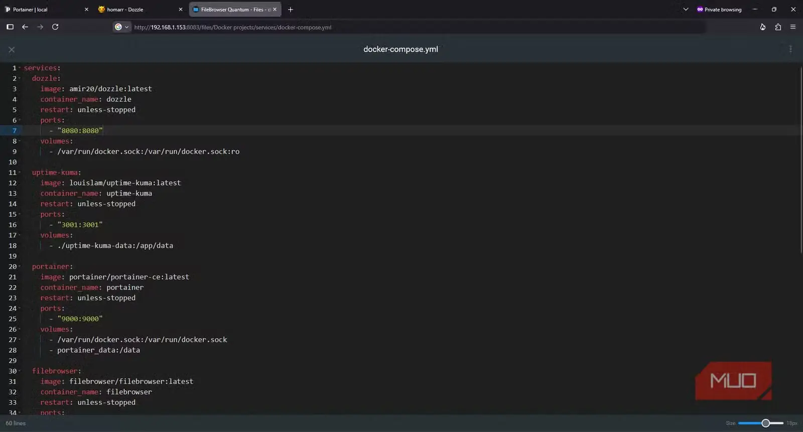فایل پیکربندی Docker Compose بازشده در ویرایشگر متن داخلی FileBrowser Quantum
