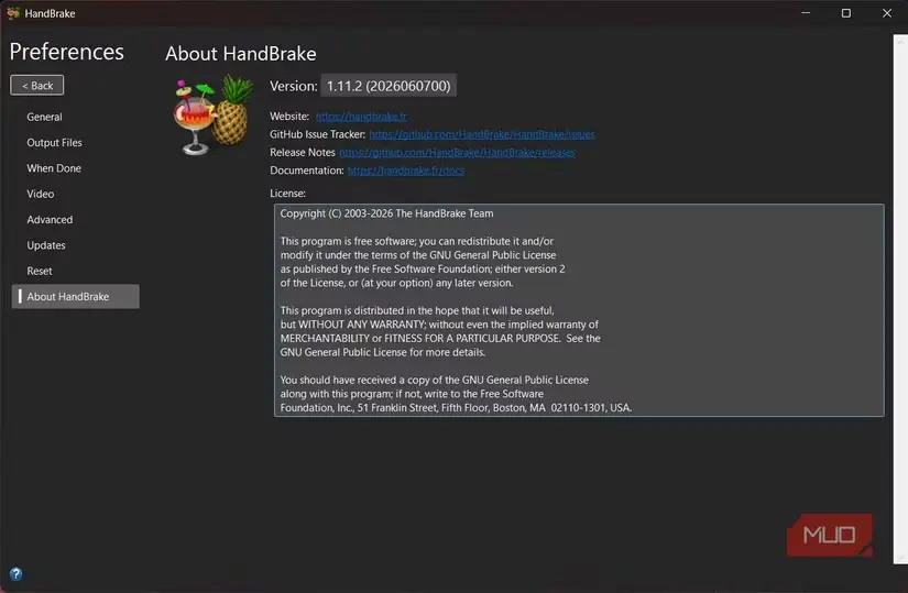 بخش «درباره» در برنامه HandBrake