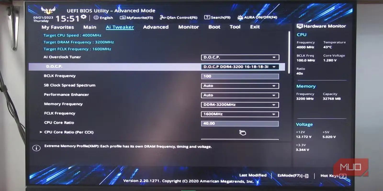 نمایهٔ DOCP انتخابشده در تنظیمات حافظه