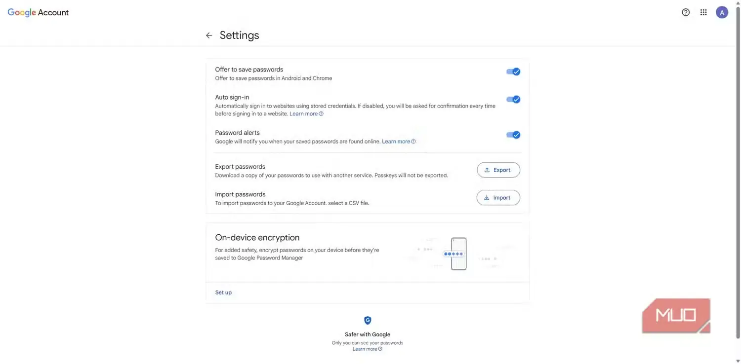 تنظیمات برخط مدیر گذرواژهٔ Google