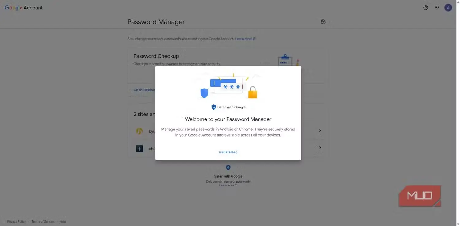 مدیر گذرواژهٔ Google در حساب برخط کاربر