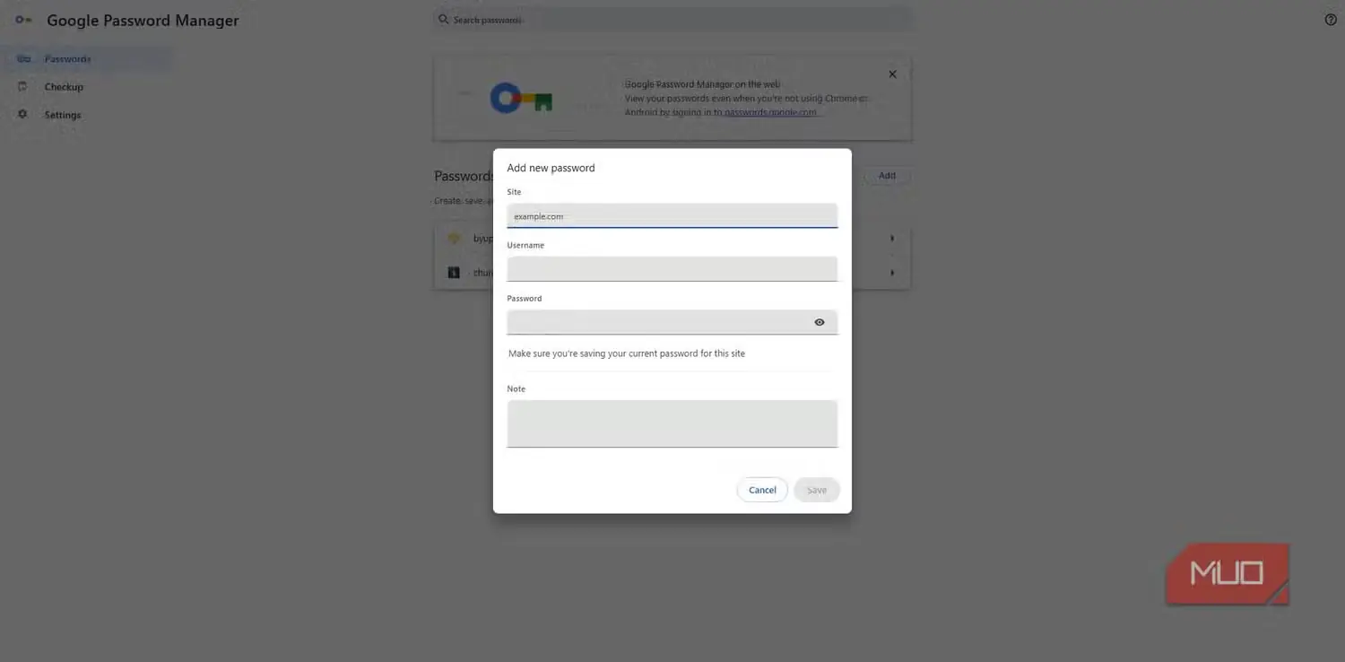 افزودن گذرواژهٔ تازه در Chrome