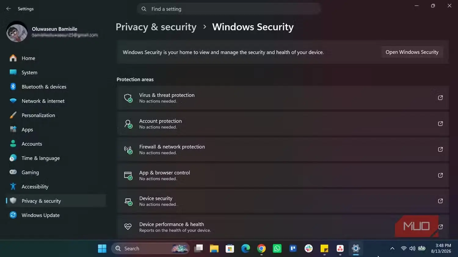 صفحهٔ امنیت ویندوز در تنظیمات