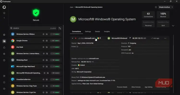 اتصال مسدودشده دامنه ...in.data.microsoft.com متعلق به سیستمعامل مایکروسافت در پورتمستر