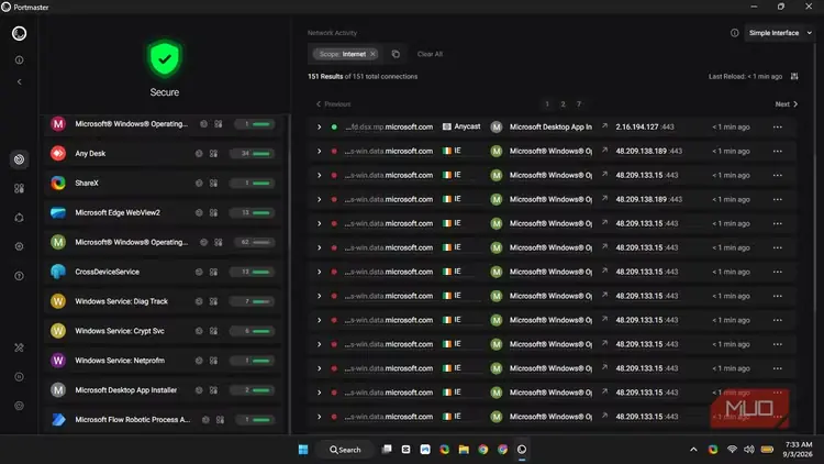 فهرست اتصالها با برچسب نقطه قرمز در پورتمستر روی ویندوز ۱۱