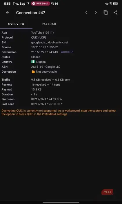پیام پشتیبانینشدن رمزگشایی QUIC در PCAPdroid