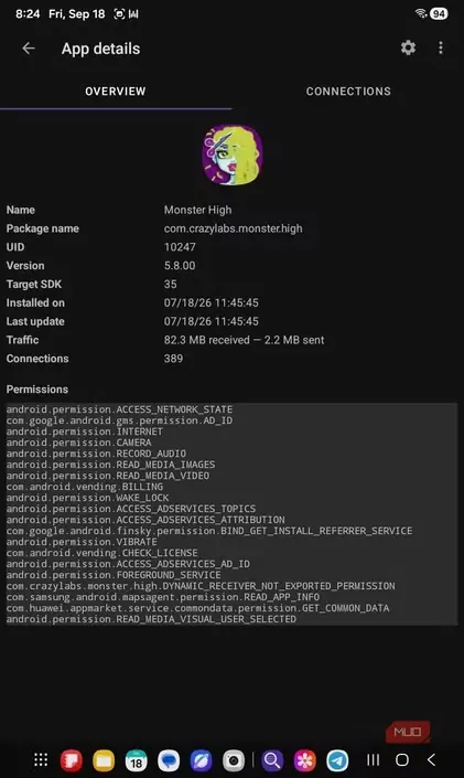 نمای کلی شبکهٔ برنامهٔ Monster High در PCAPdroid
