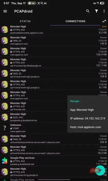 گزینهٔ رمزگشایی فهرست Monster High در PCAPdroid