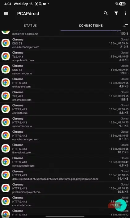 فهرست اتصالهای Chrome در PCAPdroid