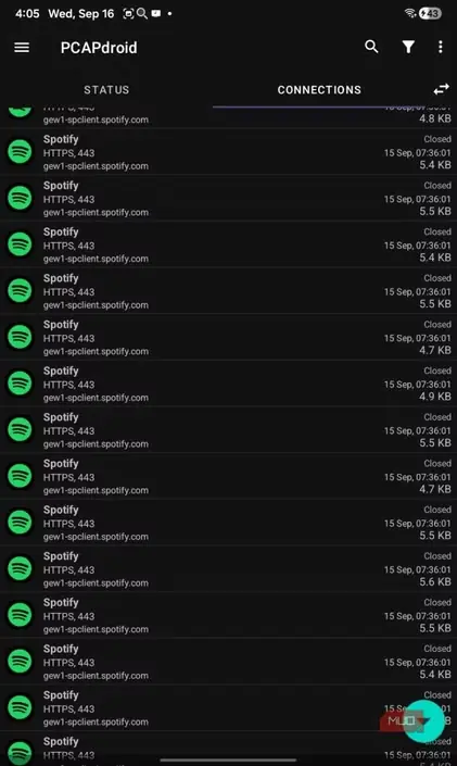 فهرست اتصالهای Spotify در PCAPdroid