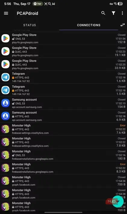 اتصالهای همزمان چند برنامه در PCAPdroid