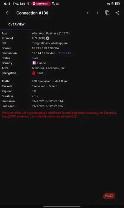 نمایش خطای گواهی در PCAPdroid