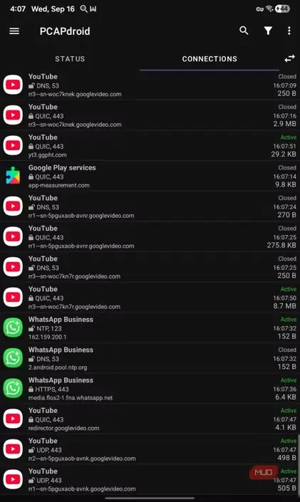 فهرست اتصالهای YouTube و WhatsApp در PCAPdroid