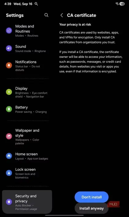 نصب گواهی CA برای PCAPdroid در تنظیمات