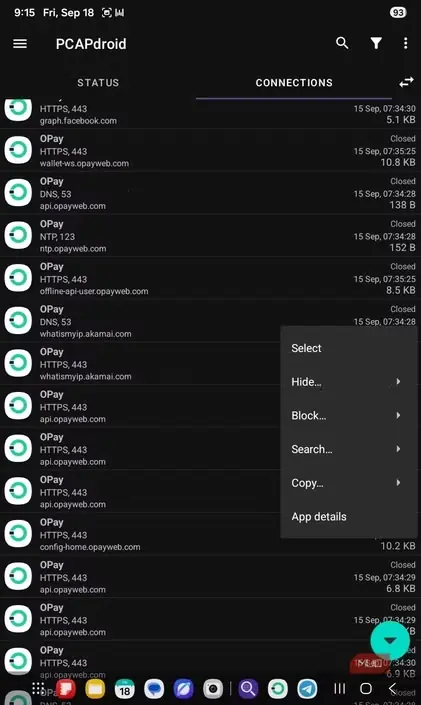 فهرست اتصالهای OPay در PCAPdroid