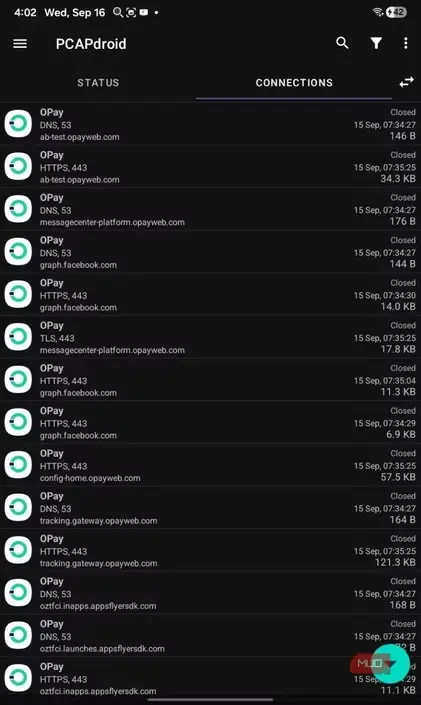 ردیابی اتصالها و تبلیغات OPay در PCAPdroid