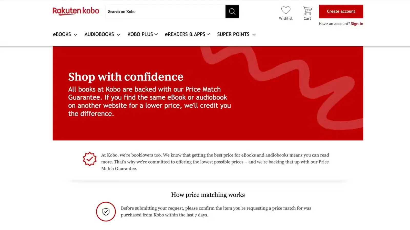 صفحه وب Rakuten Kobo با توضیحات سیاست تضمین تطبیق قیمت کتابهای الکترونیکی و صوتی
