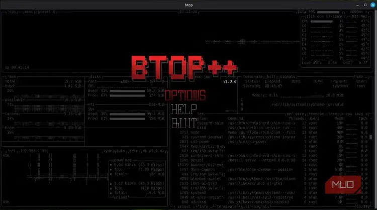 نمای گزینه‌های برنامه btop