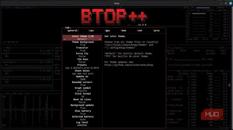 نمای تنظیمات ساده در btop