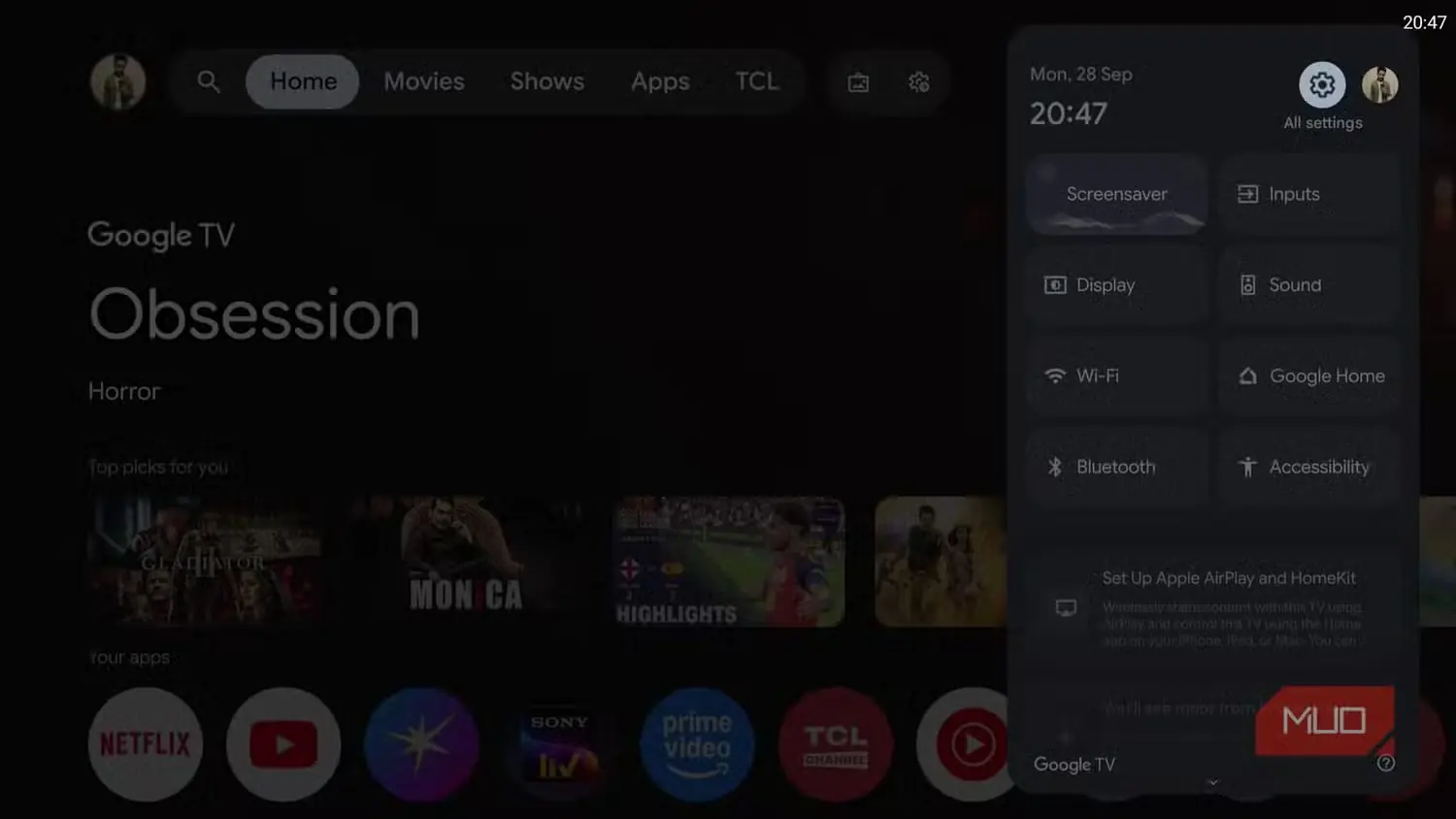 فهرست تنظیمات سریع در Google TV