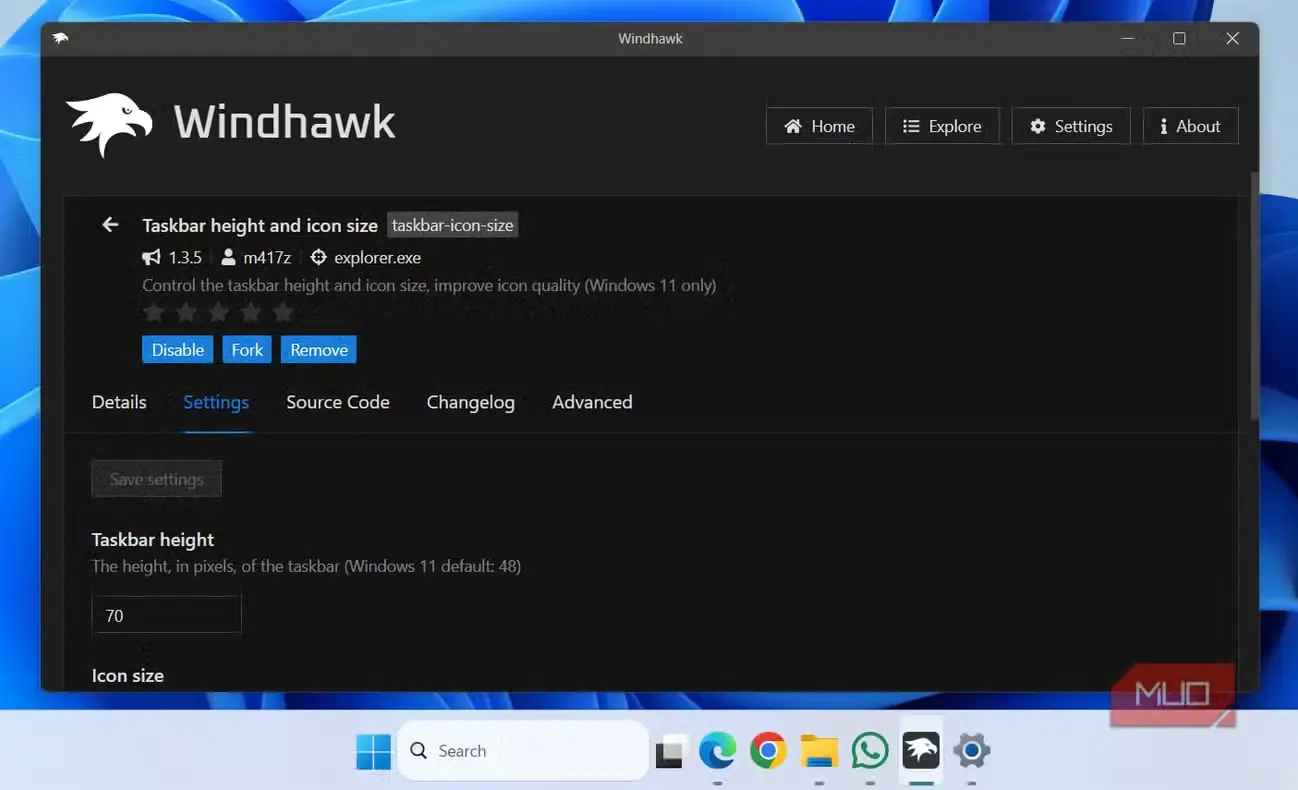 ماژول تنظیم ارتفاع نوار وظیفه و اندازهٔ نمادها در Windhawk