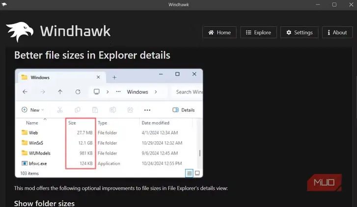 ماژول نمایش اندازهٔ پوشههای File Explorer در Windhawk