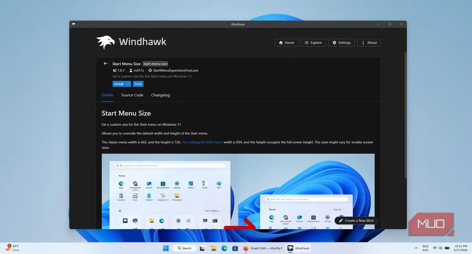 صفحهٔ افزونهٔ تغییر اندازهٔ منوی آغاز در Windhawk