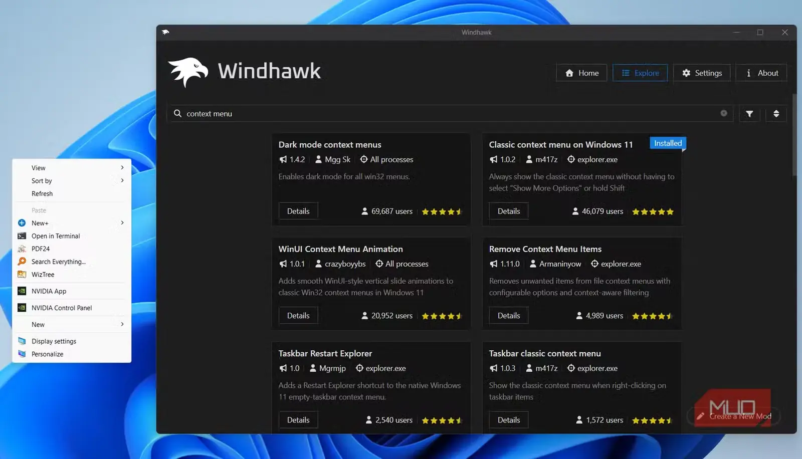 منوی زمینهای برنامهٔ Windhawk