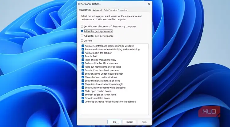 منوی گزینههای عملکرد در Windows