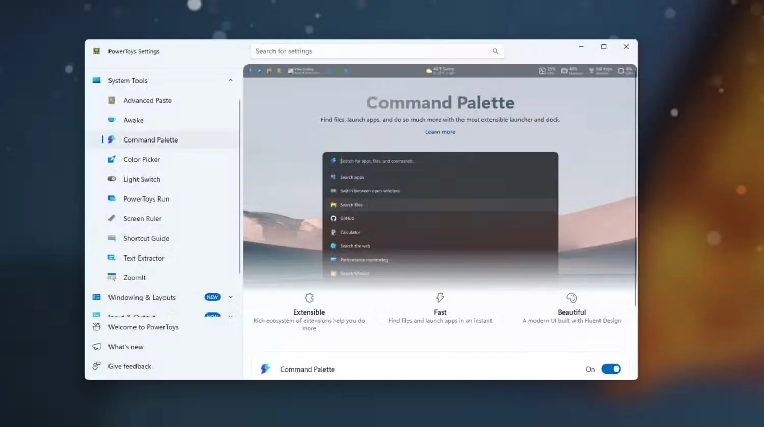 صفحه قابلیت Command Palette در تنظیمات PowerToys، همراه با توضیحات و کلید فعالسازی