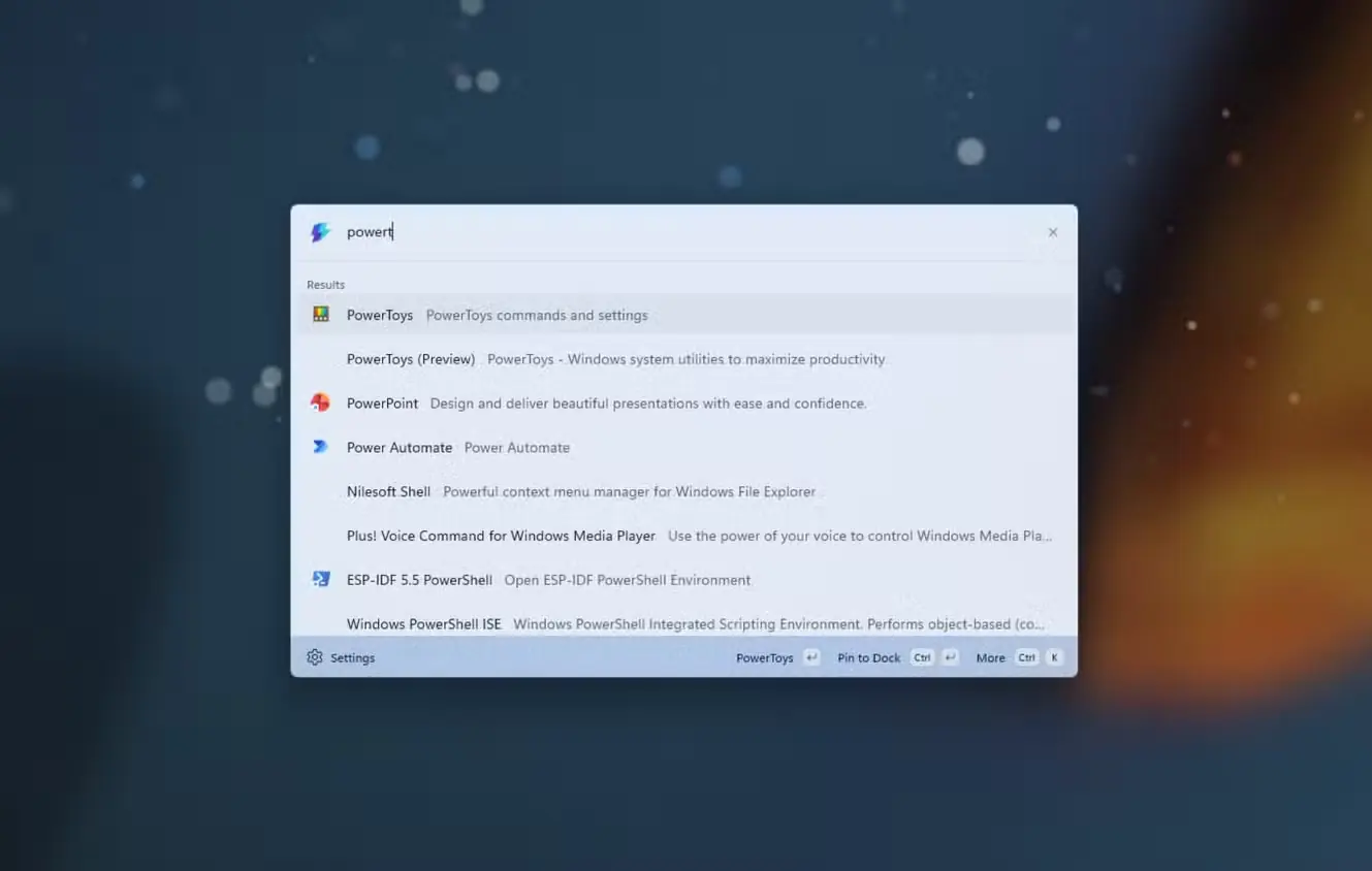 نتایج جستوجوی برنامهها برای عبارت powert در Command Palette ابزار PowerToys