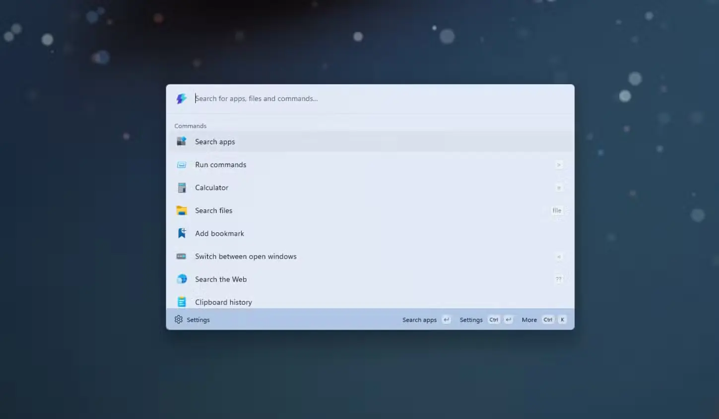 پنجره باز Command Palette ابزار PowerToys روی دسکتاپ، همراه با فهرست فرمانهای موجود