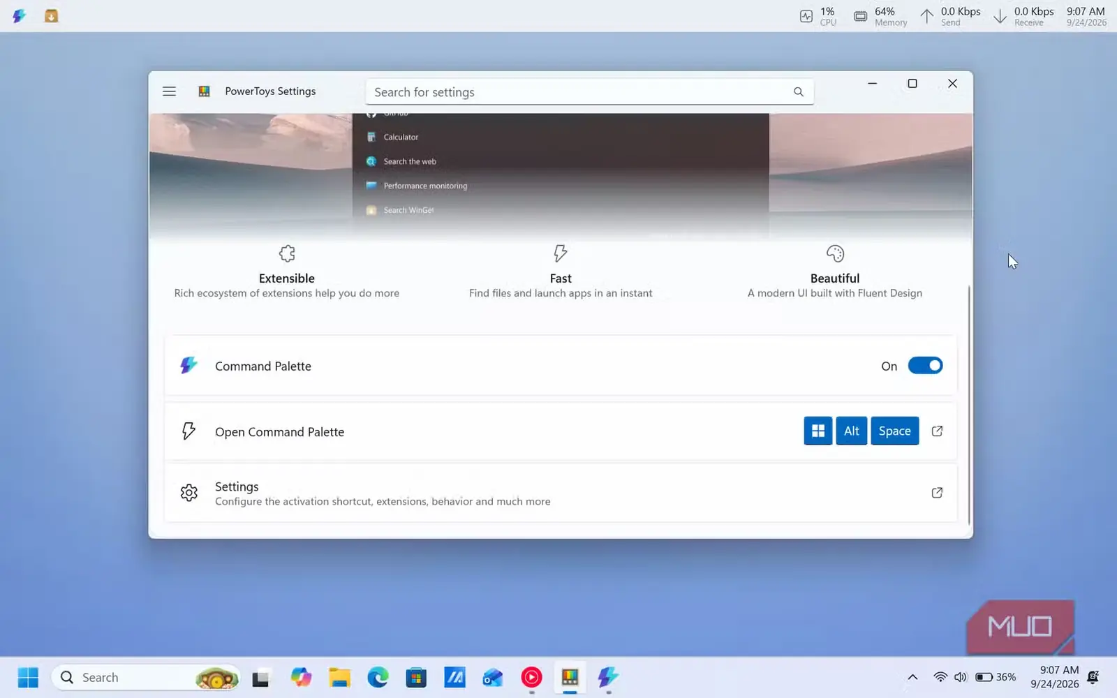 پنجره تنظیمات PowerToys با نمای کلی داک و افزونههای Command Palette