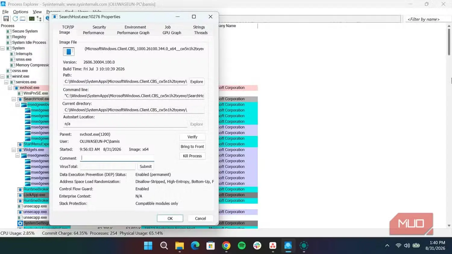 صفحهٔ ویژگیهای یک فرایند در Process Explorer