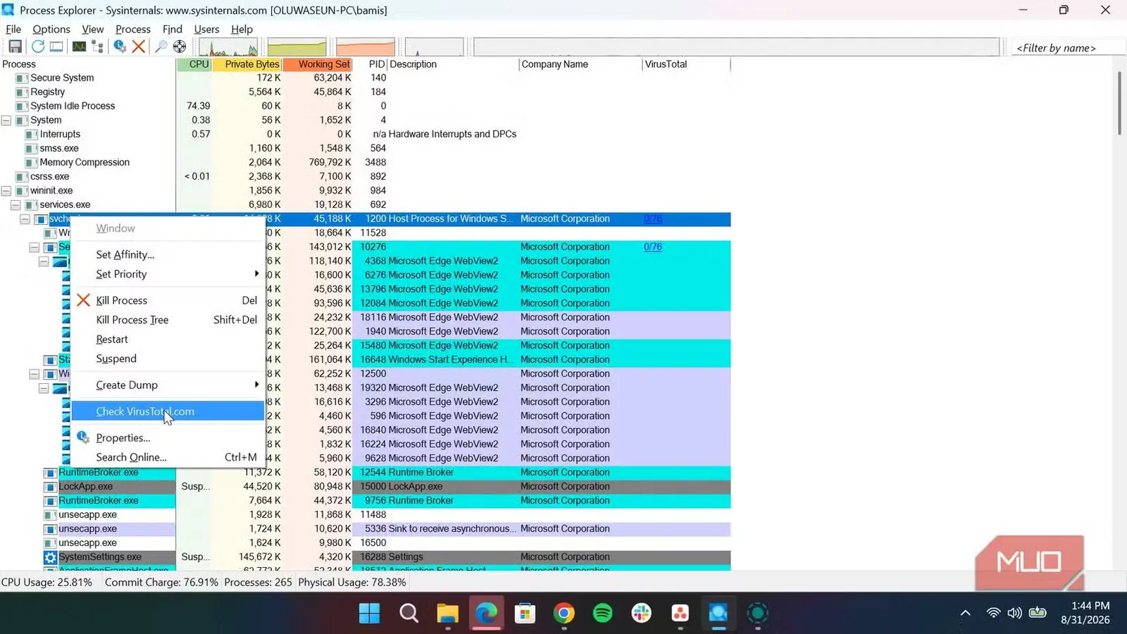 بهکارگیری VirusTotal در برنامهٔ Process Explorer