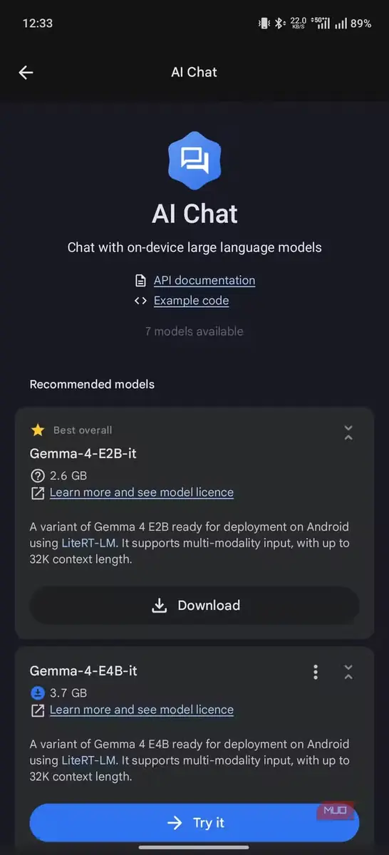 نمای فهرست مدلها در AI Edge Gallery
