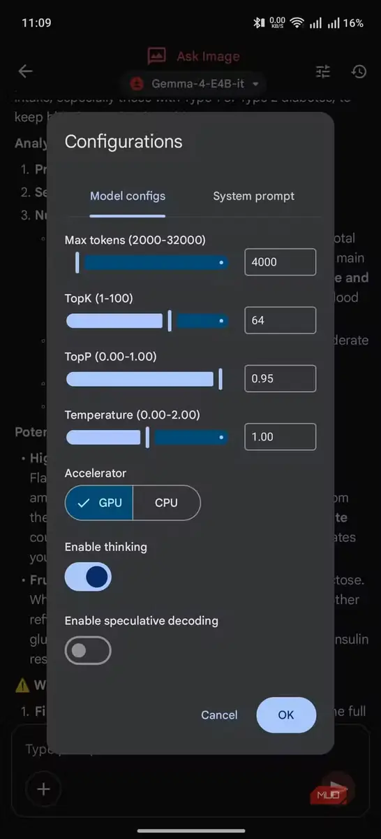 پنجره پیکربندی شامل بیشینه توکنها، TopK، TopP، دما، شتابدهنده GPU و کلید روشنکردن استدلال