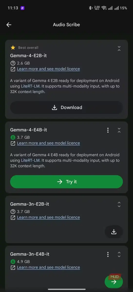 صفحه Audio Scribe با فهرست مدلهای Gemma، اندازه آنها و دکمههای بارگیری یا آزمایش