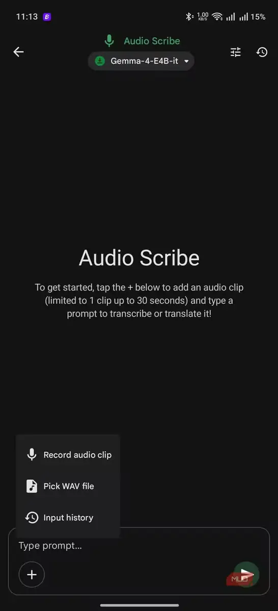 گفتوگوی خالی Audio Scribe با منوی ضبط قطعه صوتی، انتخاب پرونده WAV و تاریخچه ورودیها