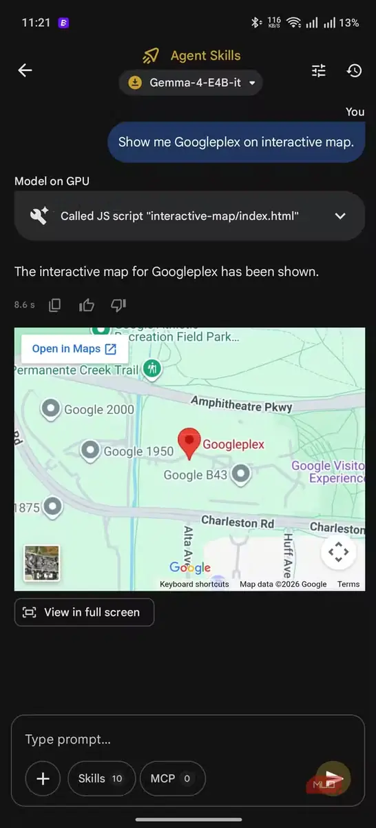 پاسخ گفتوگو به درخواست «Googleplex را روی نقشه تعاملی نشان بده» همراه با نقشهای توکار که بر Googleplex متمرکز است