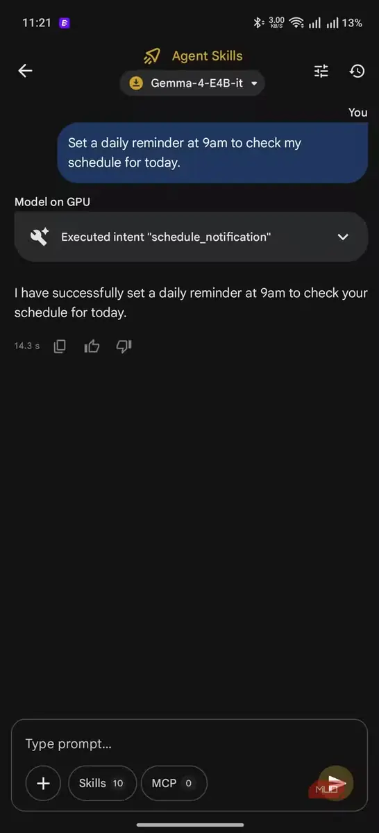 درخواست تنظیم یادآور روزانه برای ساعت ۹ صبح و تأیید مدل پس از اجرای فرمان «schedule_notification»