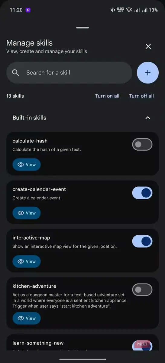 صفحهٔ «مدیریت مهارتها» با فهرستی از مهارتهای داخلی مانند calculate-hash و interactive-map و کلید روشن یا خاموش برای هرکدام