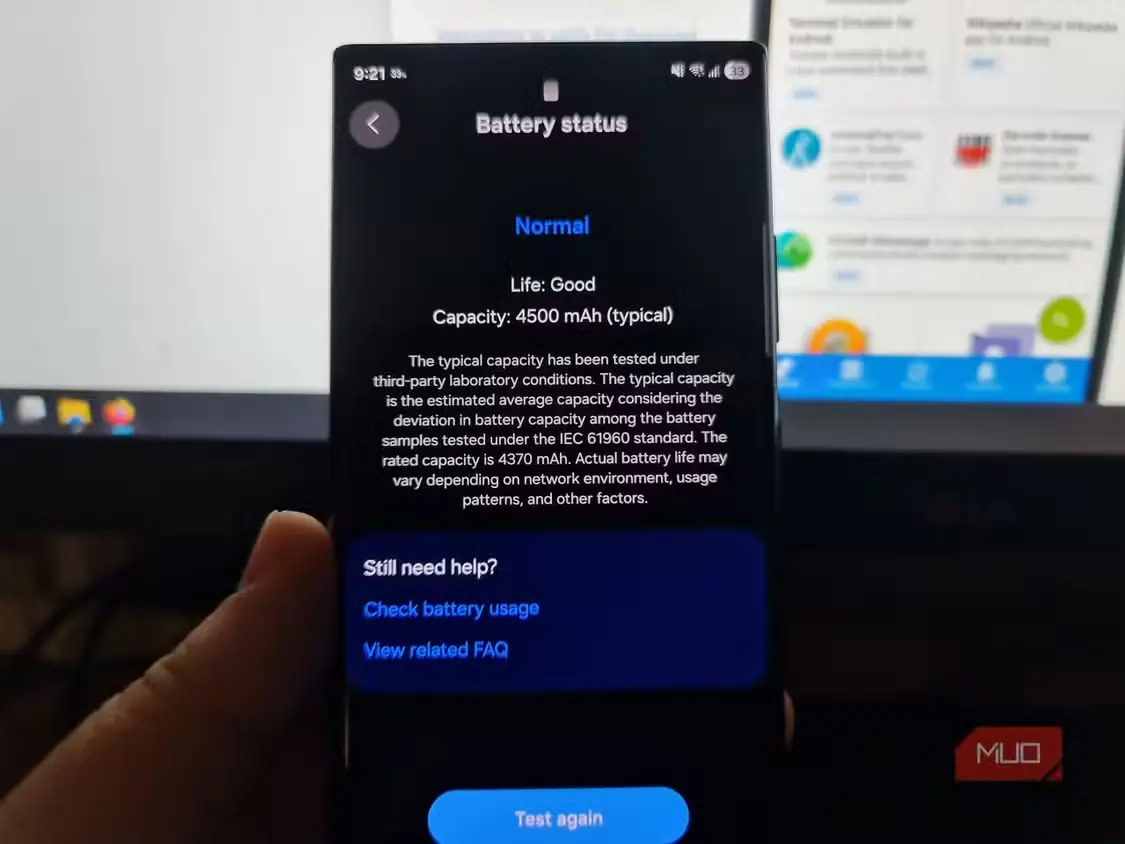 صفحهٔ عیبیابی باتری در Samsung Members با وضعیت عادی و عمر باتری خوب