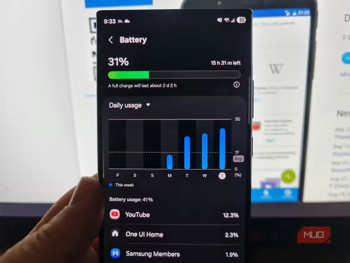 صفحهٔ مصرف باتری Samsung با میزان مصرف YouTube و زمان باقیماندهٔ 15 ساعت و 31 دقیقه