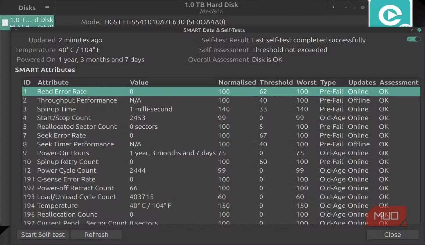 نتایج ارزیابی برنامهٔ Disks در Linux Mint با وضعیت تأییدشده برای همهٔ ویژگیها