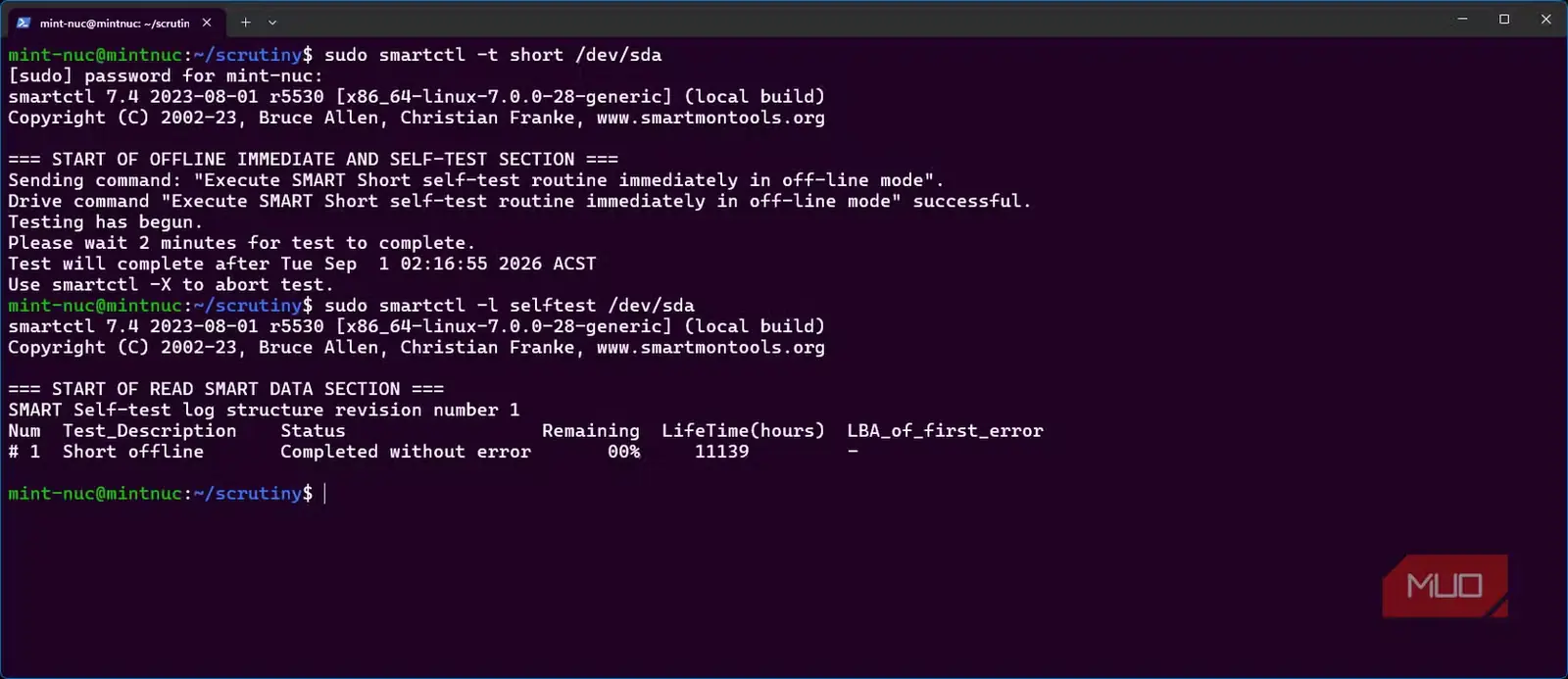 نتایج آزمون کوتاه SMART برای هارددیسک