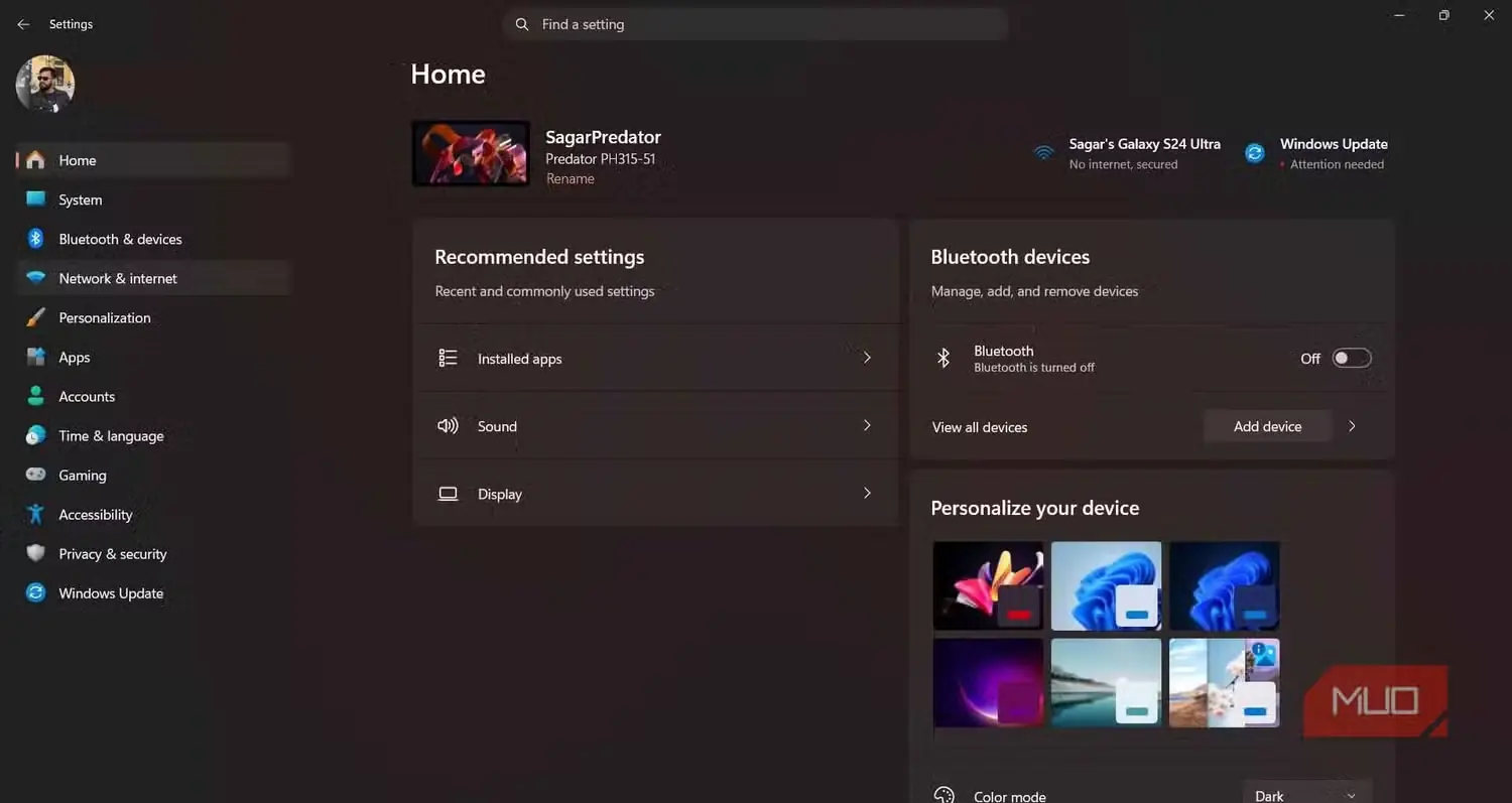 صفحه اصلی تنظیمات Windows 11 با خلاصه سامانه و تنظیمات پیشنهادی