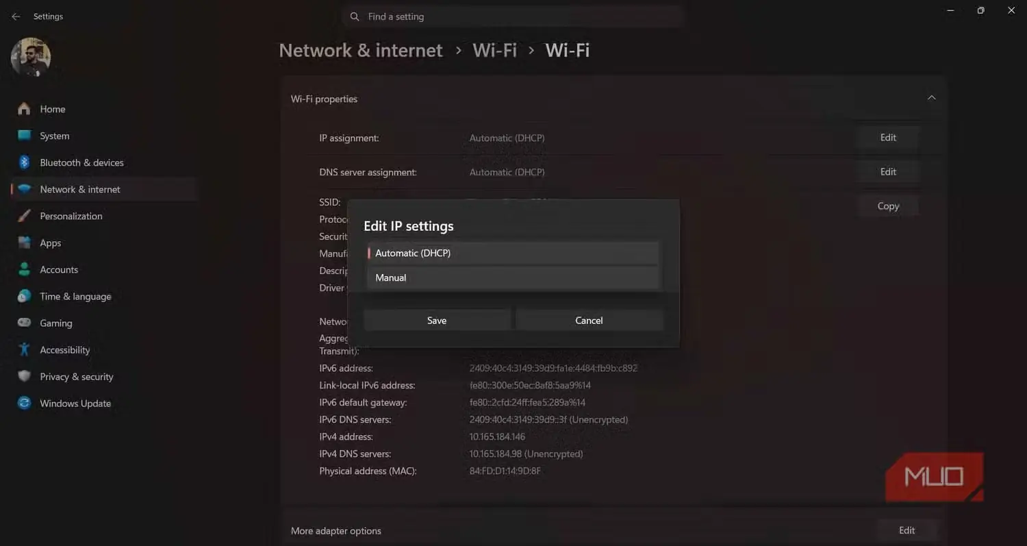 پنجره ویرایش تنظیمات IP در Windows با گزینههای خودکار و دستی